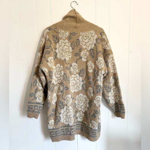 Vintage floral open cardigan chunky sweater grey brown thick acrylic fall - Picture 1 of 8